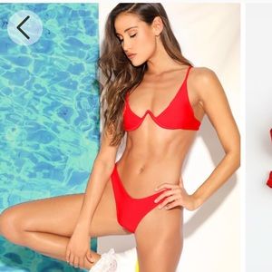 Red Underwire Top with High Leg Bikini Set